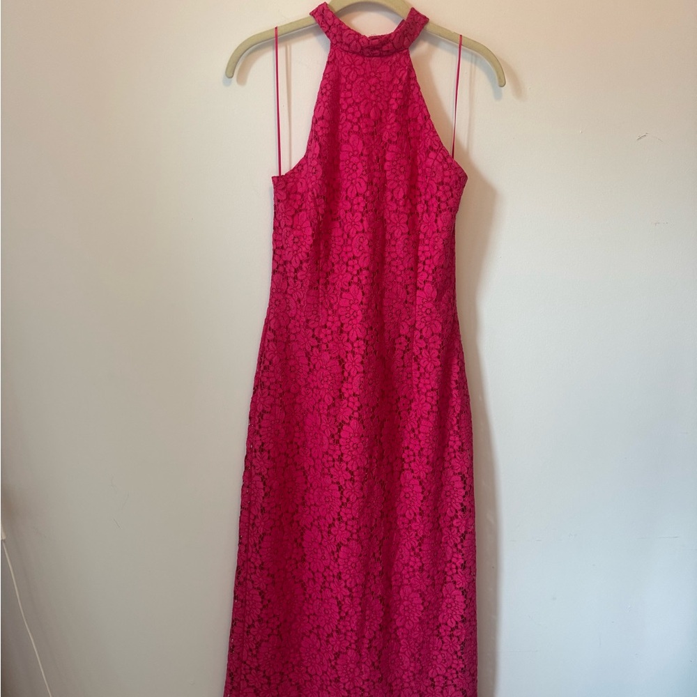 Sleeveless Fuchsia Lace Halter Maxi Dress